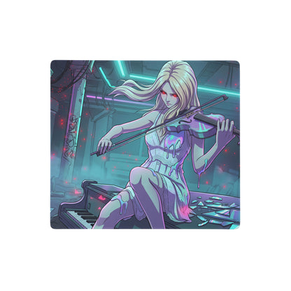 Rectangular gaming mousepad with neon pink teal vaporwave anime illustration of blonde violinist in dystopian setting