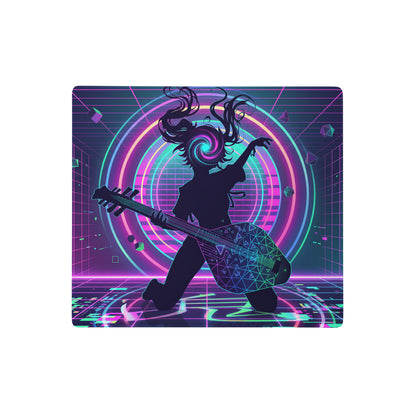Neon pink and purple geometric gaming mousepad with stylized guitarist silhouette on retro-futuristic grid background