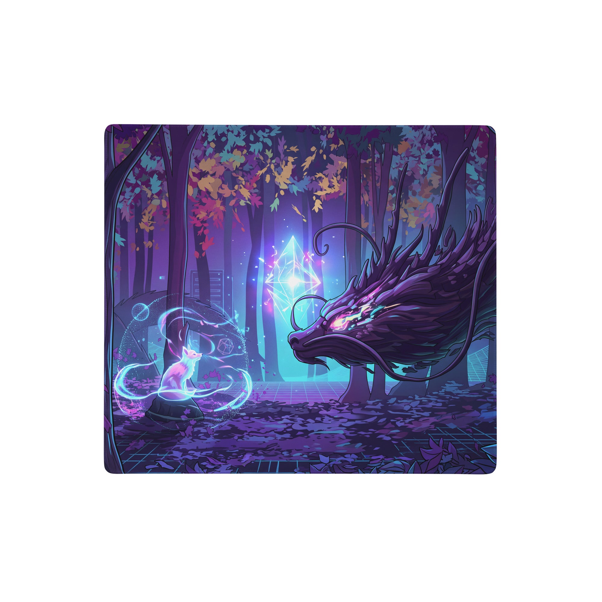 Neon forest dragon pad featuring a purple dragon and glowing fox illustration on a large rectangular gaming mousepad