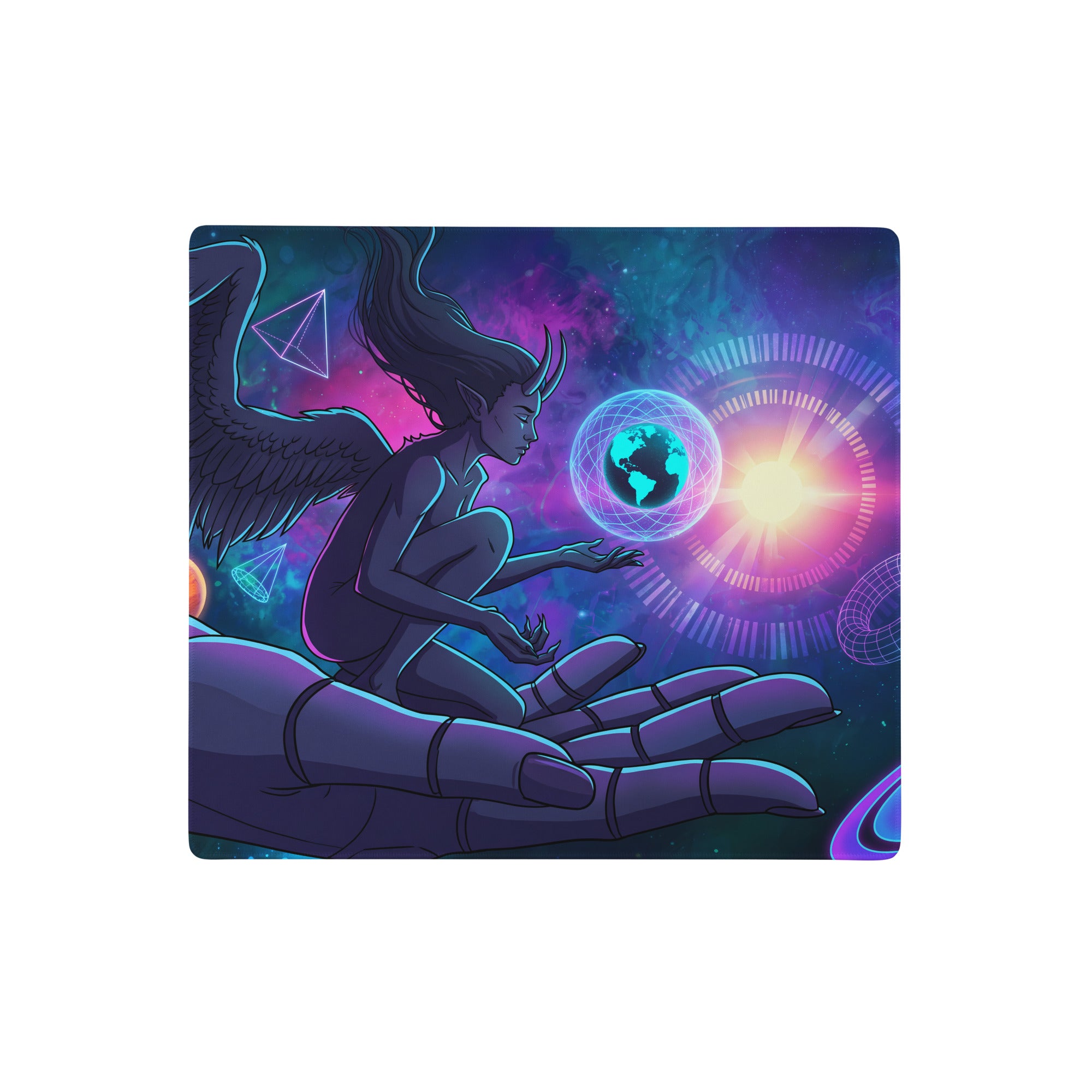 A rectangular neon vaporwave angel gaming mousepad with vibrant pink purple blue cosmic design and winged horned figure