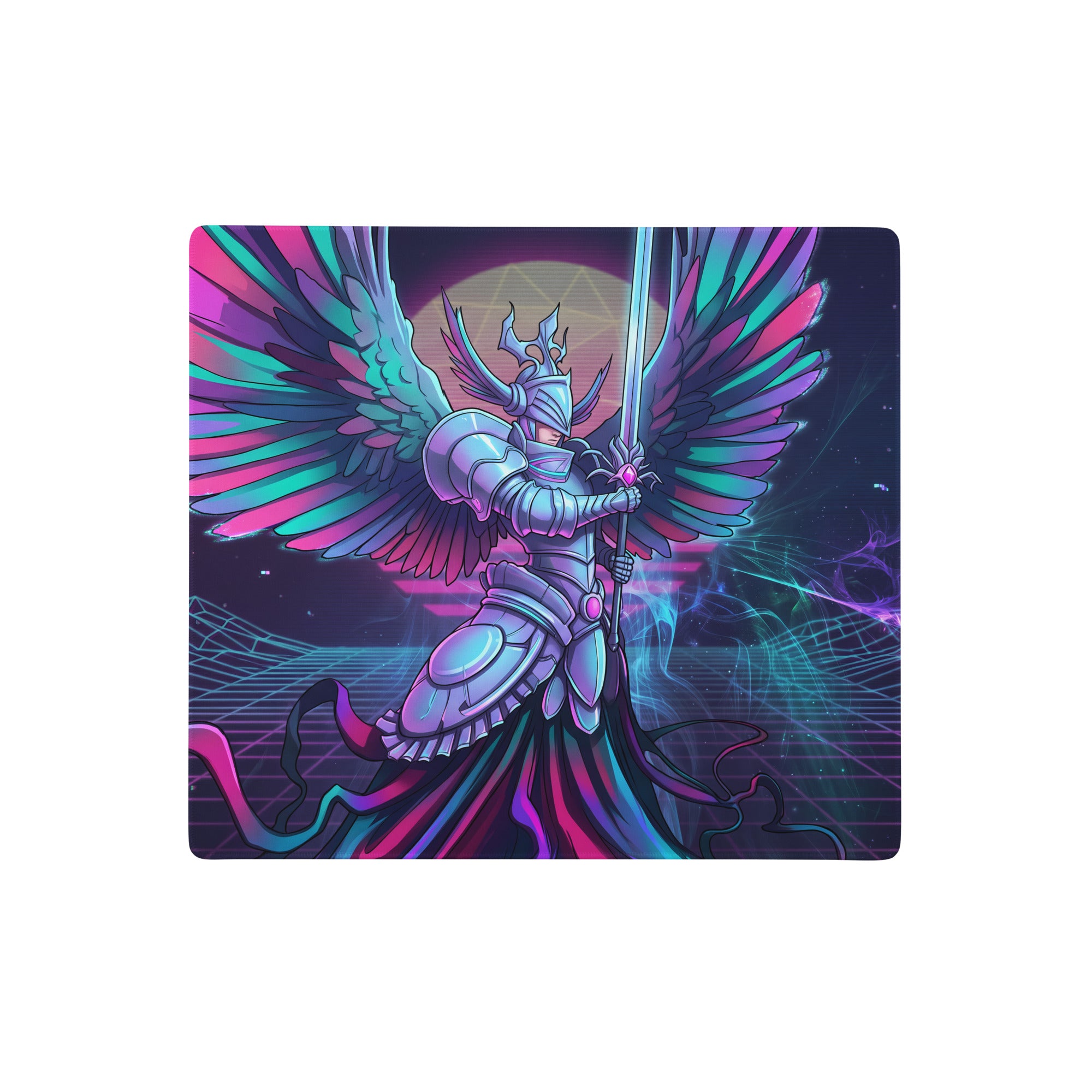 Vaporwave wings gaming mouse pad featuring a neon pink and teal winged knight in silver armor on a glowing grid background