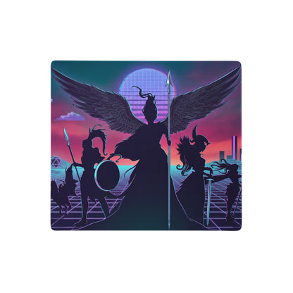 Rectangular gaming mousepad with vaporwave wings neon purple and blue design featuring retro futuristic winged warriors