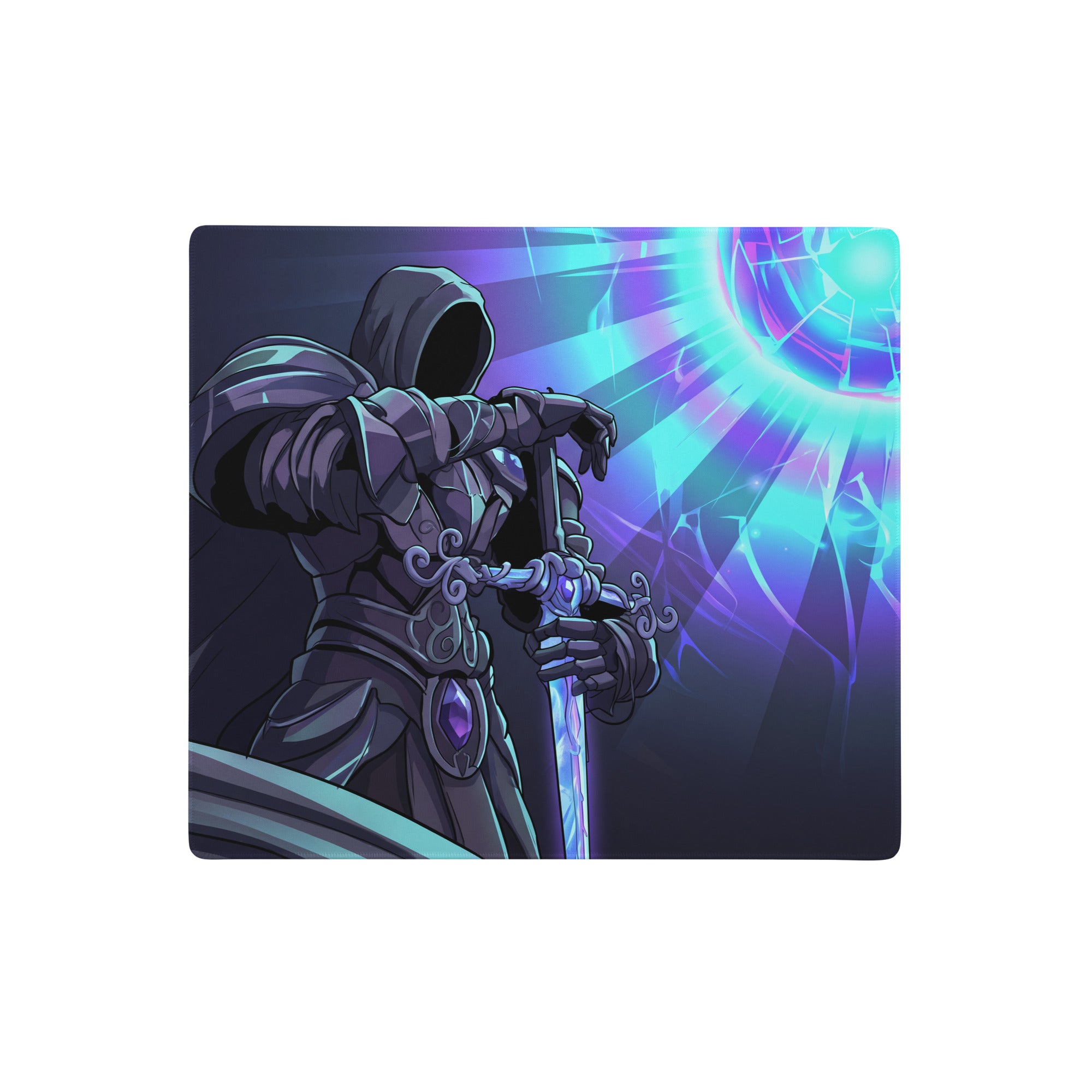 Dark armored knight holding glowing sword on vaporwave neon horizon mouse pad with pink purple and blue synthwave art