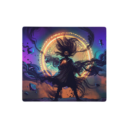 Vibrant vaporwave neon nightscape gaming mouse pad with dark-haired skull figure and ethereal circular portal design