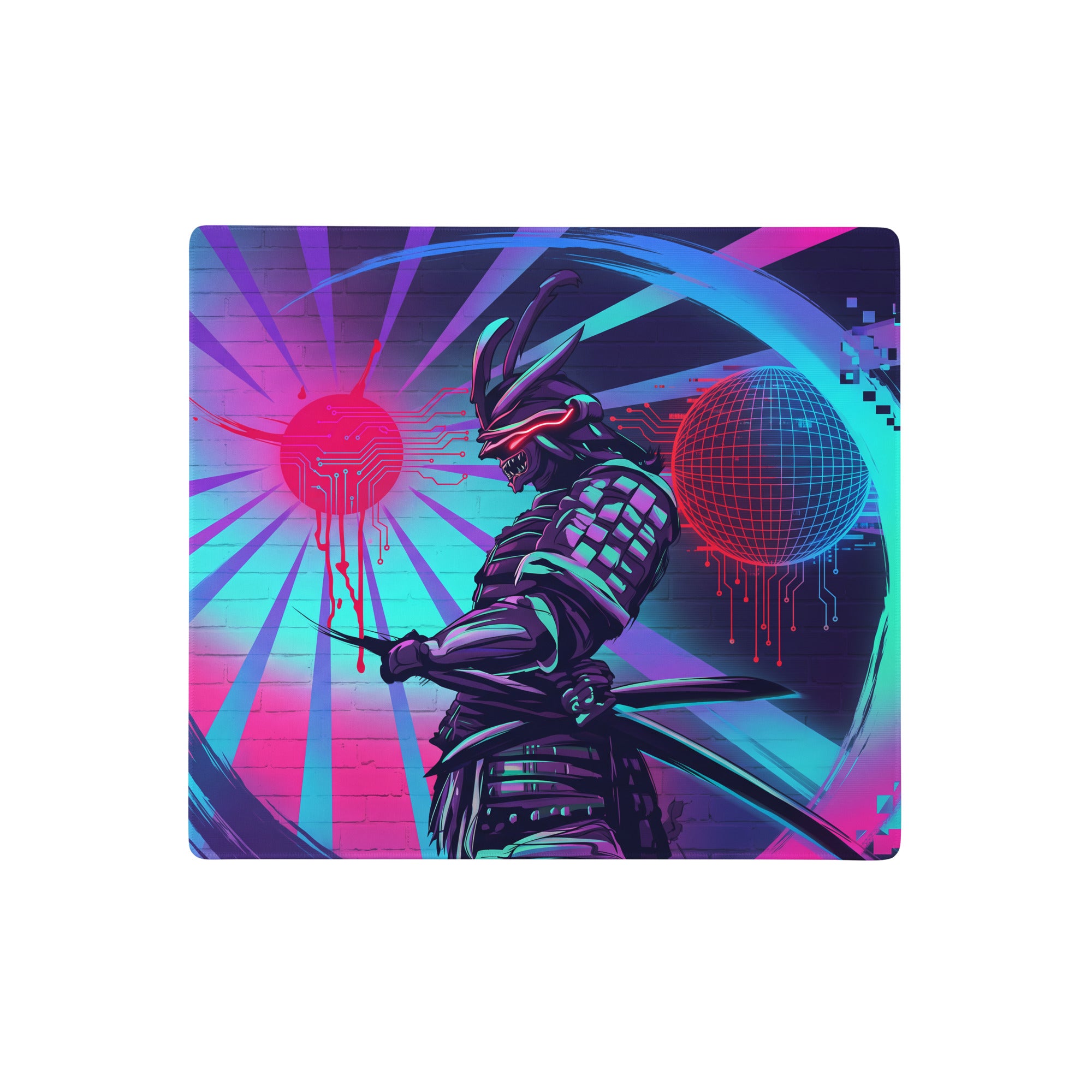 Nebula-themed vaporwave neon dragon gaming mousepad with cyberpunk samurai in dark armor on neon pink blue circuitry background