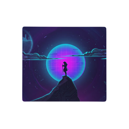 Nebula-themed vaporwave neon gaming mouse pad with glowing purple cyan design and circuit board rock surface silhouette