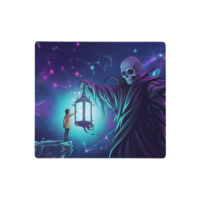 Neon skull vaporwave rectangular mouse pad featuring a vivid grim reaper in purple robe with cosmic backdrop