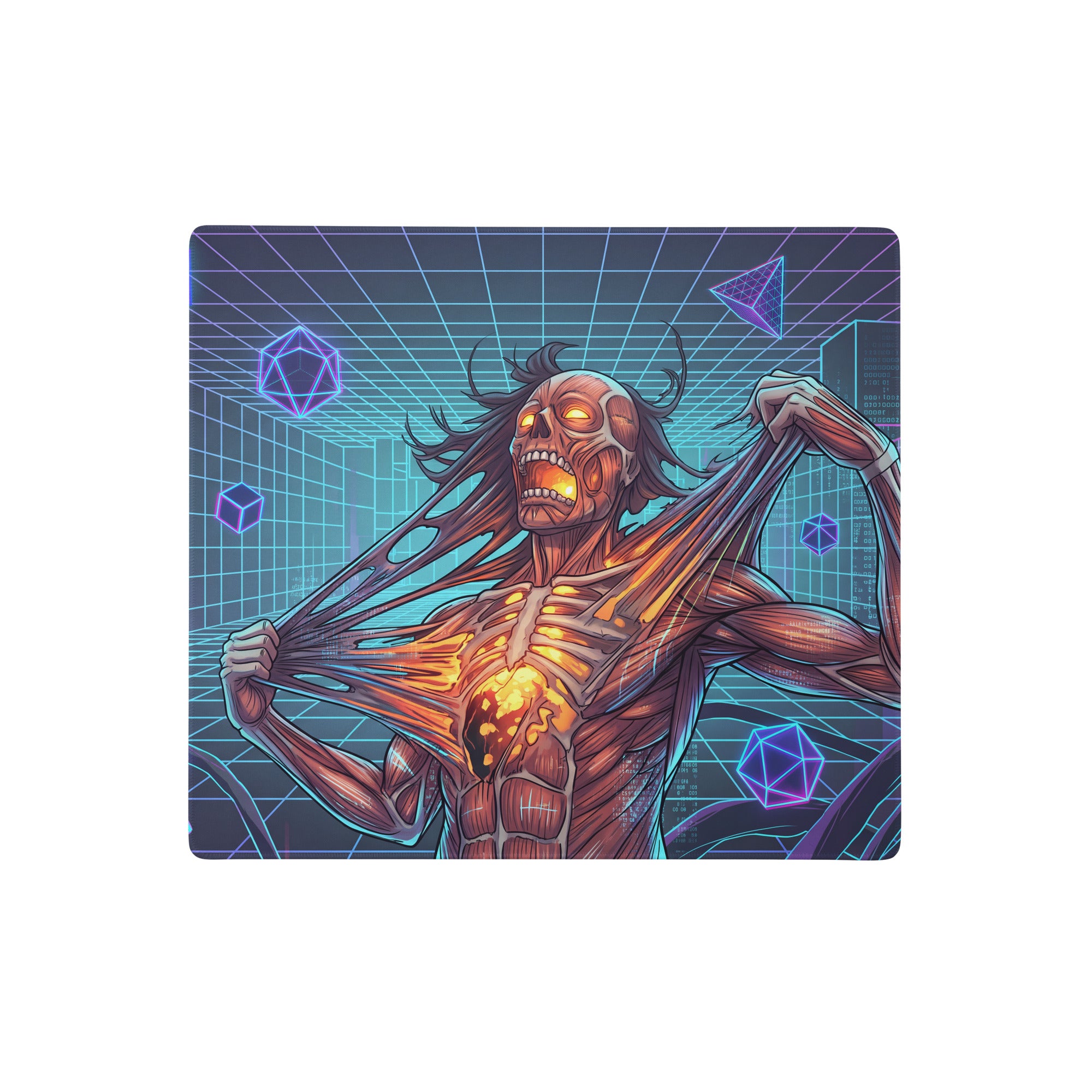 A rectangular vaporwave neon zombie mousepad with a retro-futuristic muscular figure in pink purple and blue colors