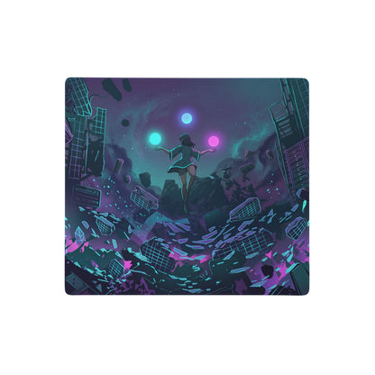 Vaporwave neon city mouse pad with stylized anime girl in teal and purple hues and glowing orbs on nebula background