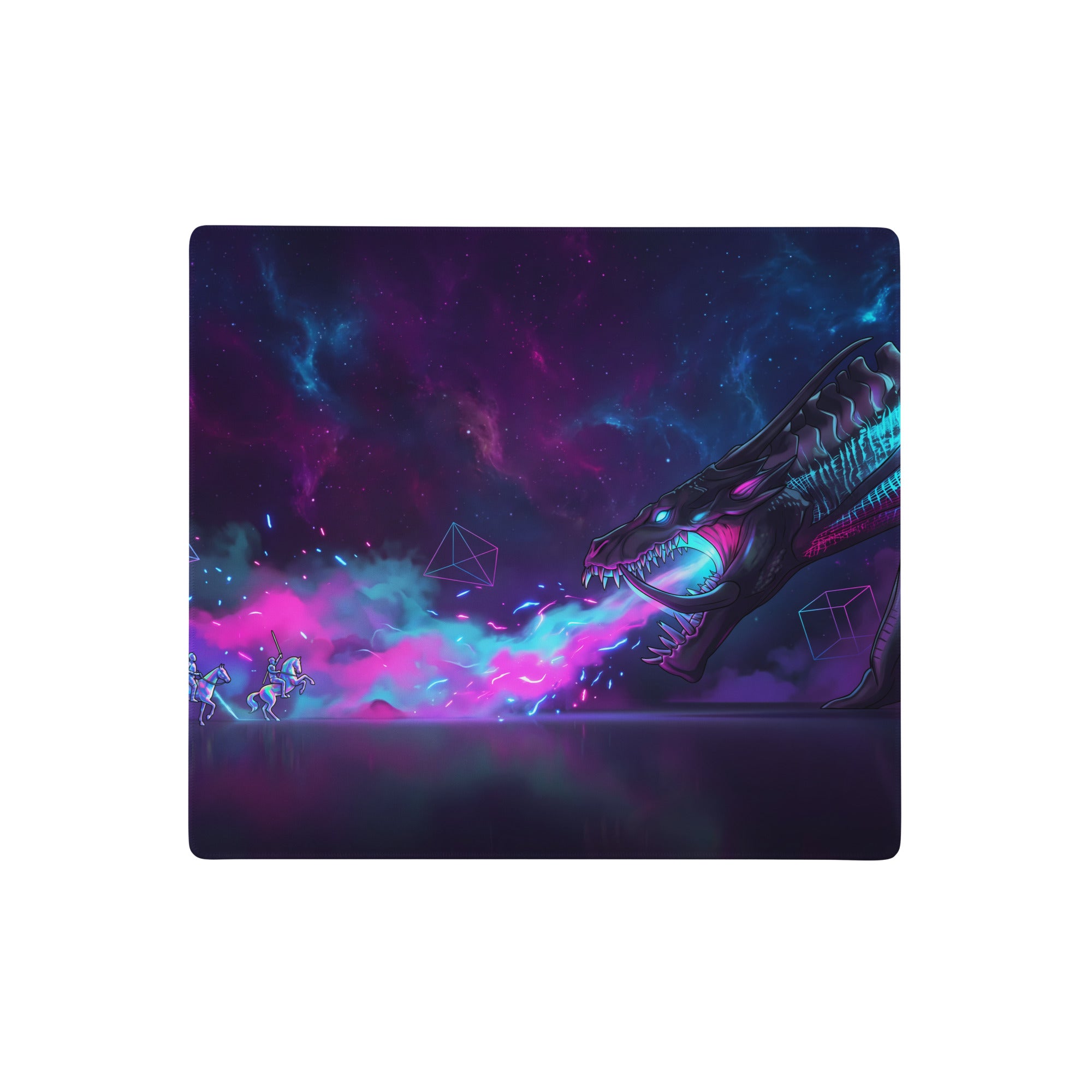 Navy blue rectangular gaming mousepad featuring a vibrant neon dragon breathing pink and cyan energy at night