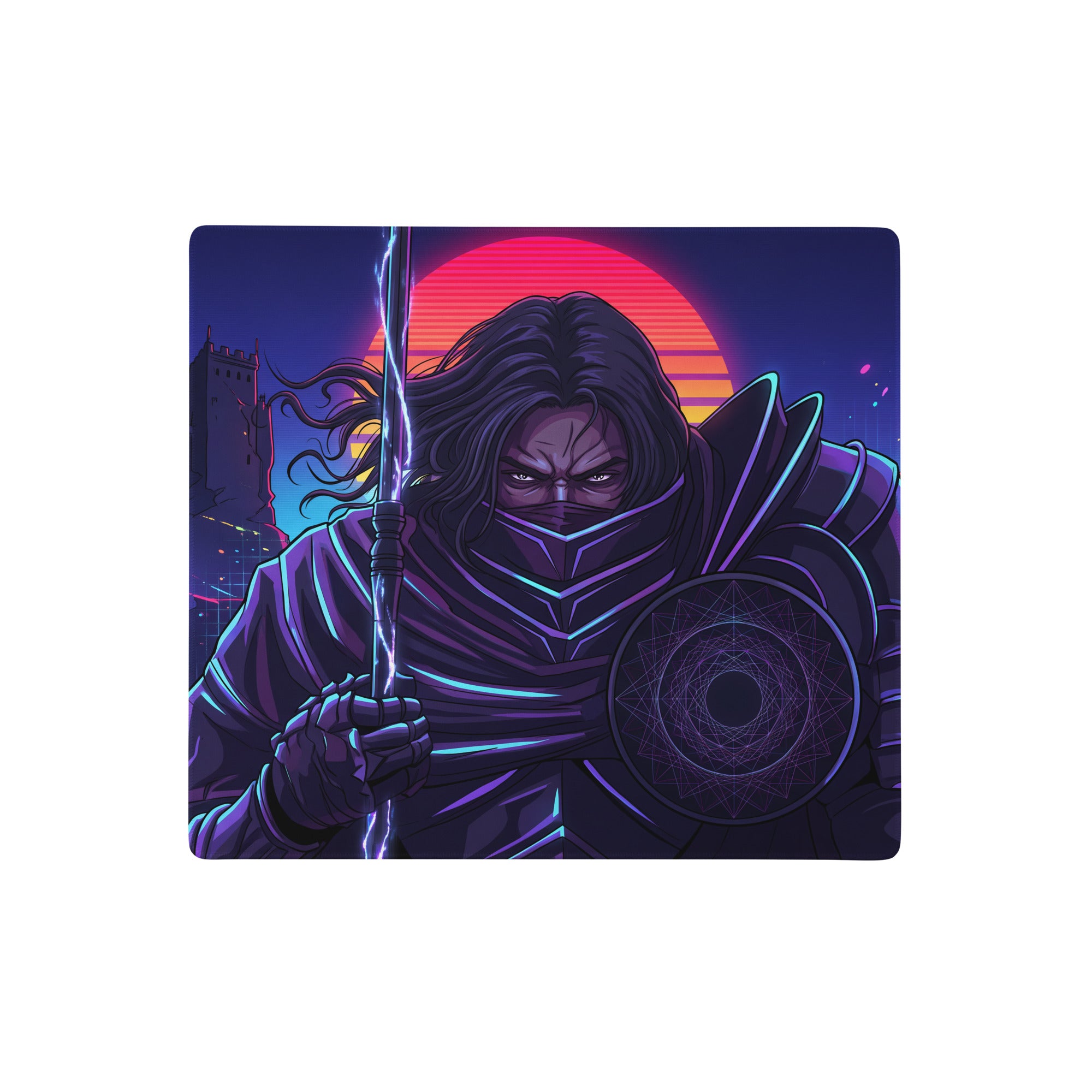 Neon vaporwave samurai gaming mousepad with ninja theme vibrant neon sunset and glowing purple armor design