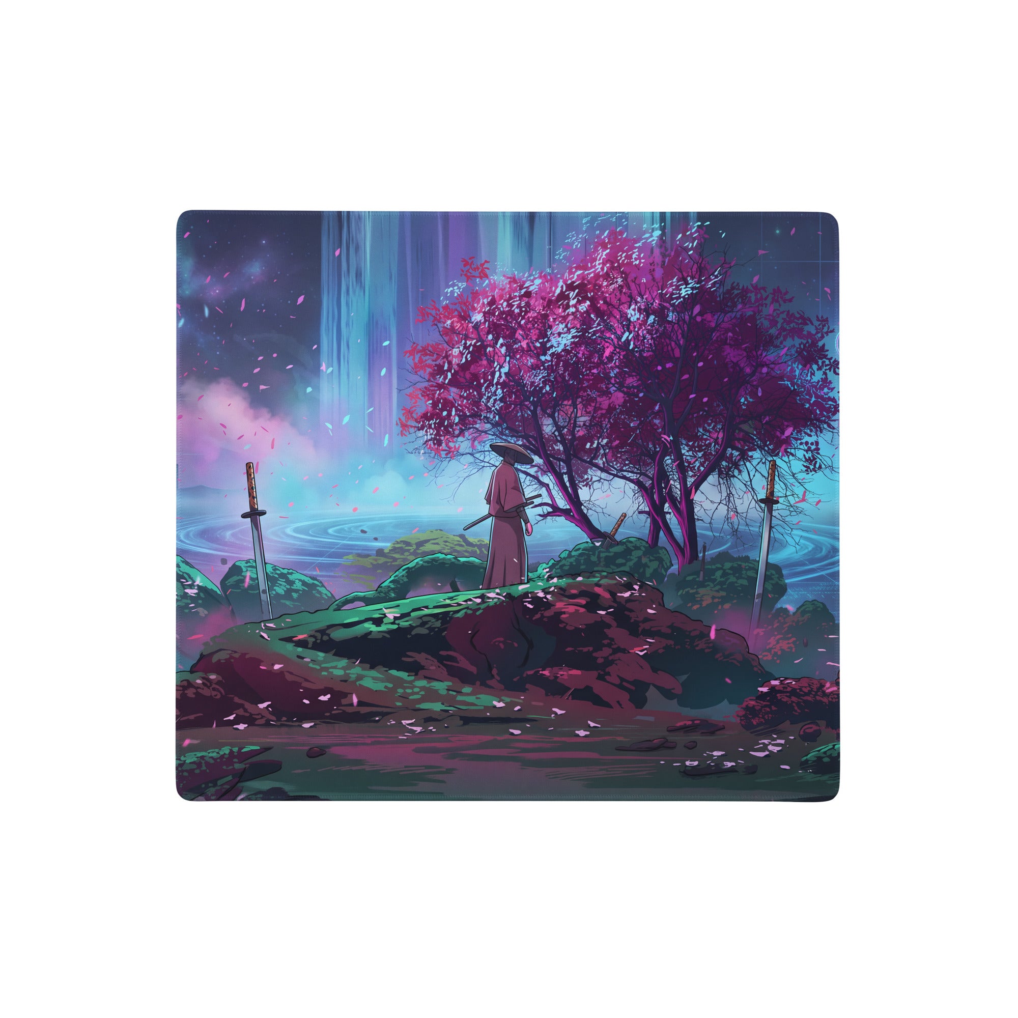 Vaporwave neon sakura rectangular gaming mousepad with vibrant anime samurai under glowing purple tree in pink and purple hues