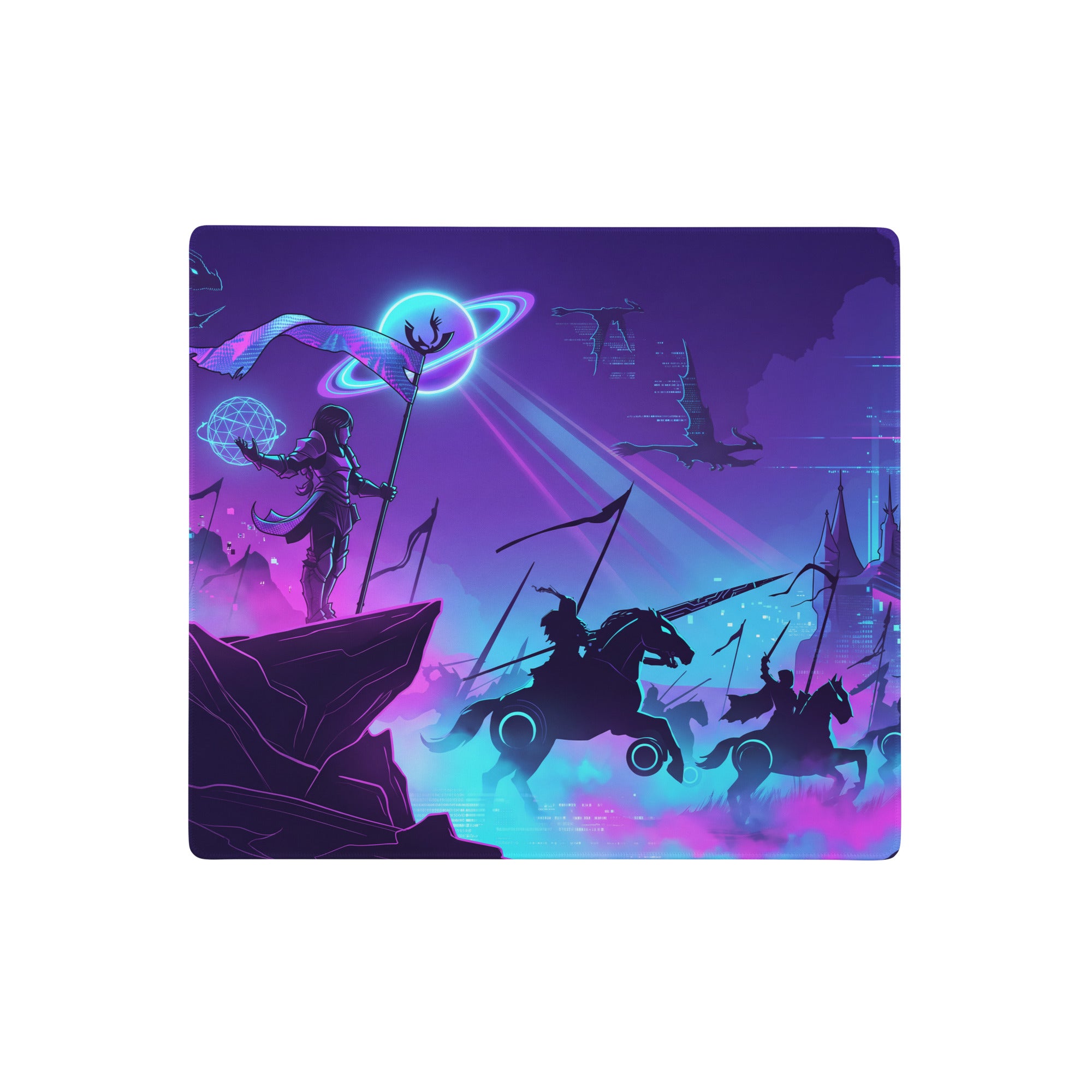 Neon purple and blue vaporwave nightfall mouse pad featuring a fantasy warrior with trident battling flying unicorn knights