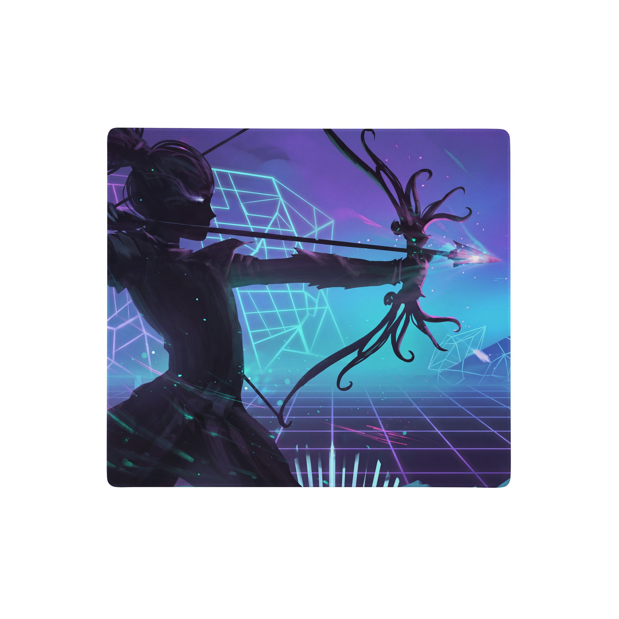 Vaporwave neon arena large extended gaming mouse pad with nebula-themed stylized archer and vibrant purple blue teal hues
