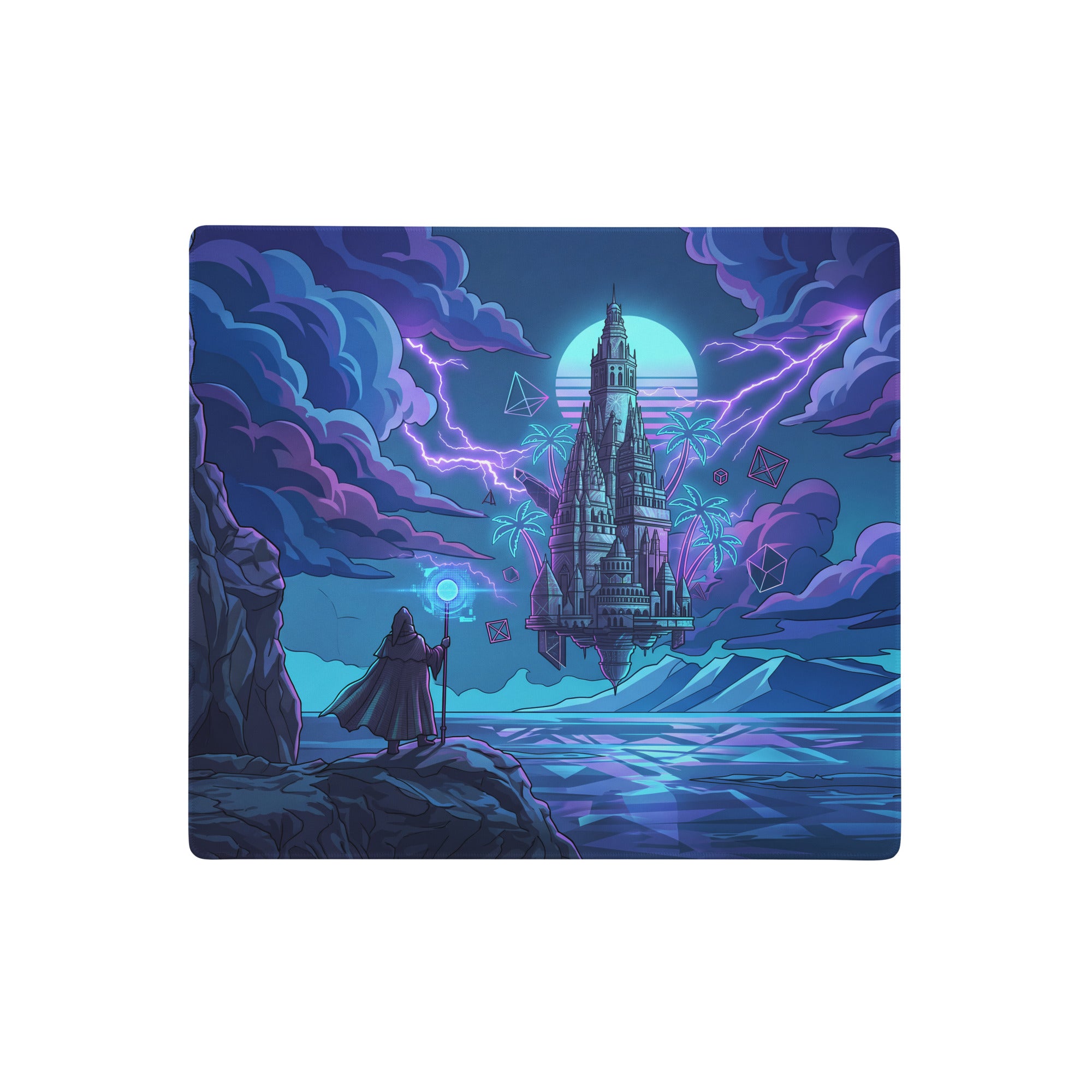 Neon castle vaporwave mouse pad with a floating castle under a glowing moon surrounded by purple lightning and palm trees