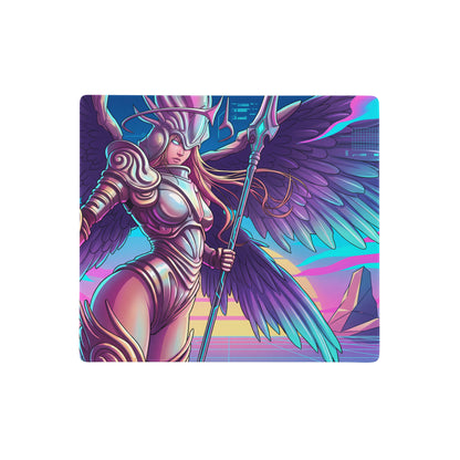 Vaporwave winged warrior gaming mousepad with neon pink and teal metallic armor design on a rectangular surface