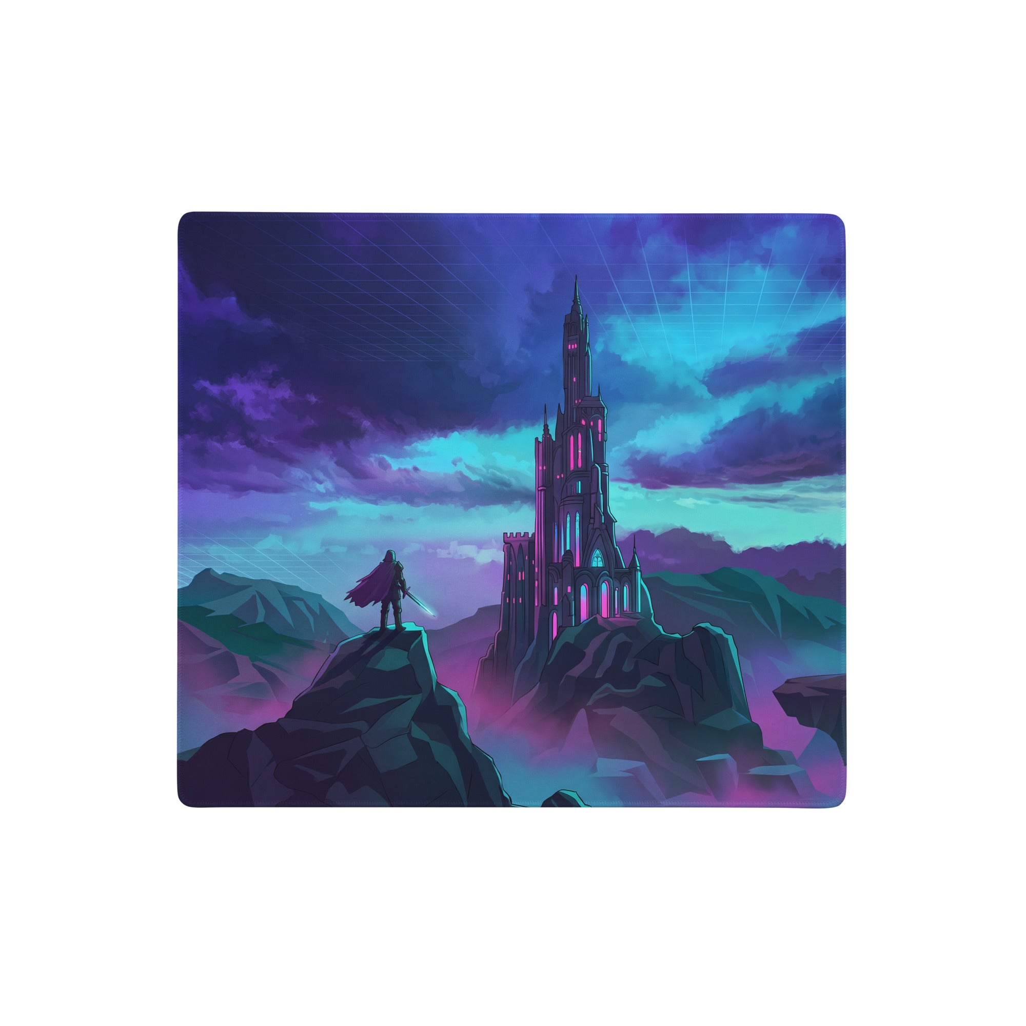 Neon city vaporwave gaming mousepad with nebula-toned fantasy castle in purple and blue for cyberpunk desks