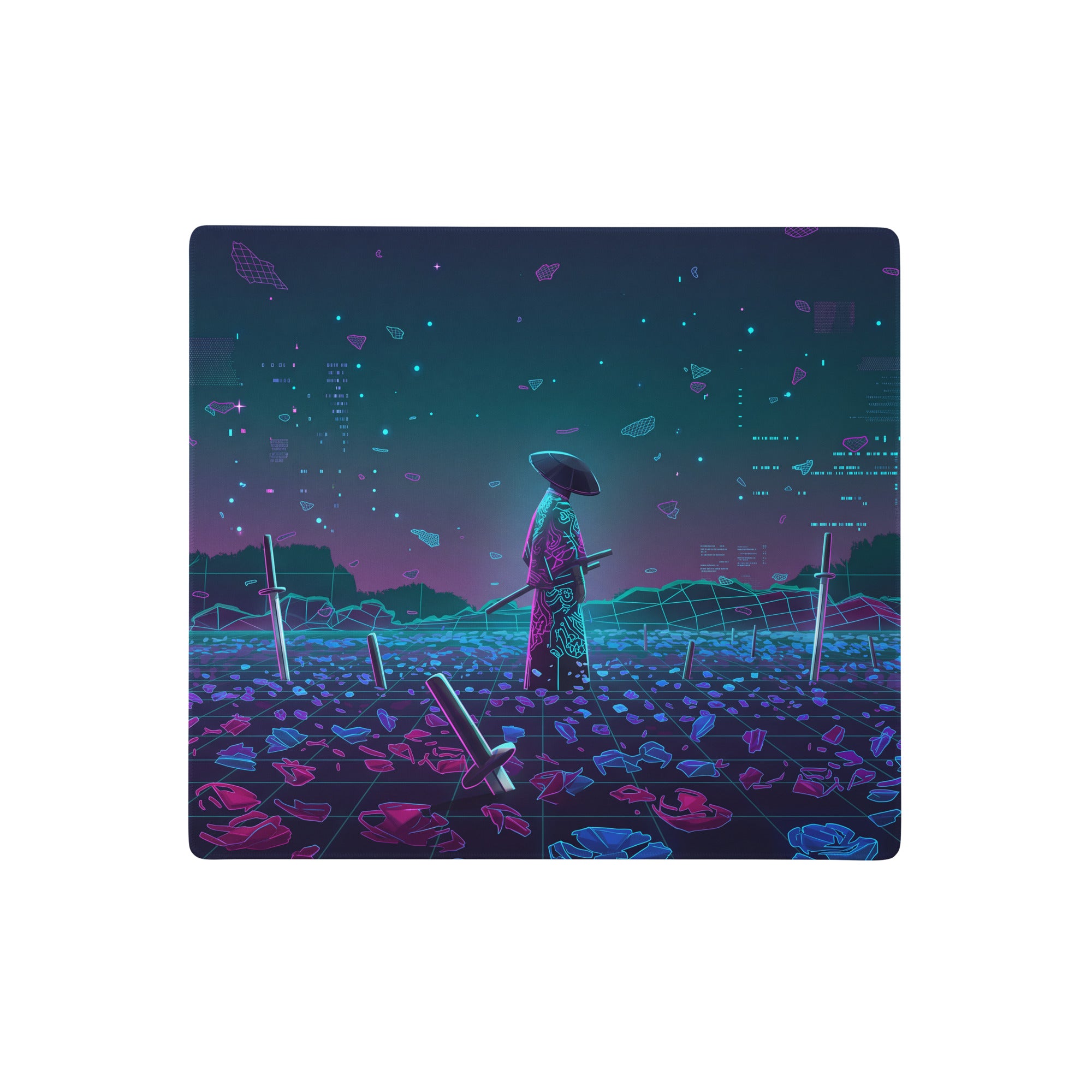 Neon vaporwave nightscape mouse pad featuring a nebula-themed cyberpunk samurai with neon purple blue colors and digital art
