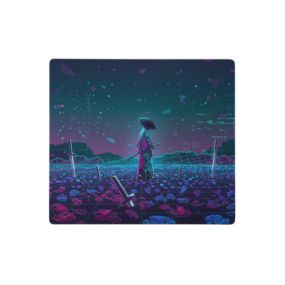 Neon vaporwave nightscape mouse pad featuring a nebula-themed cyberpunk samurai with neon purple blue colors and digital art