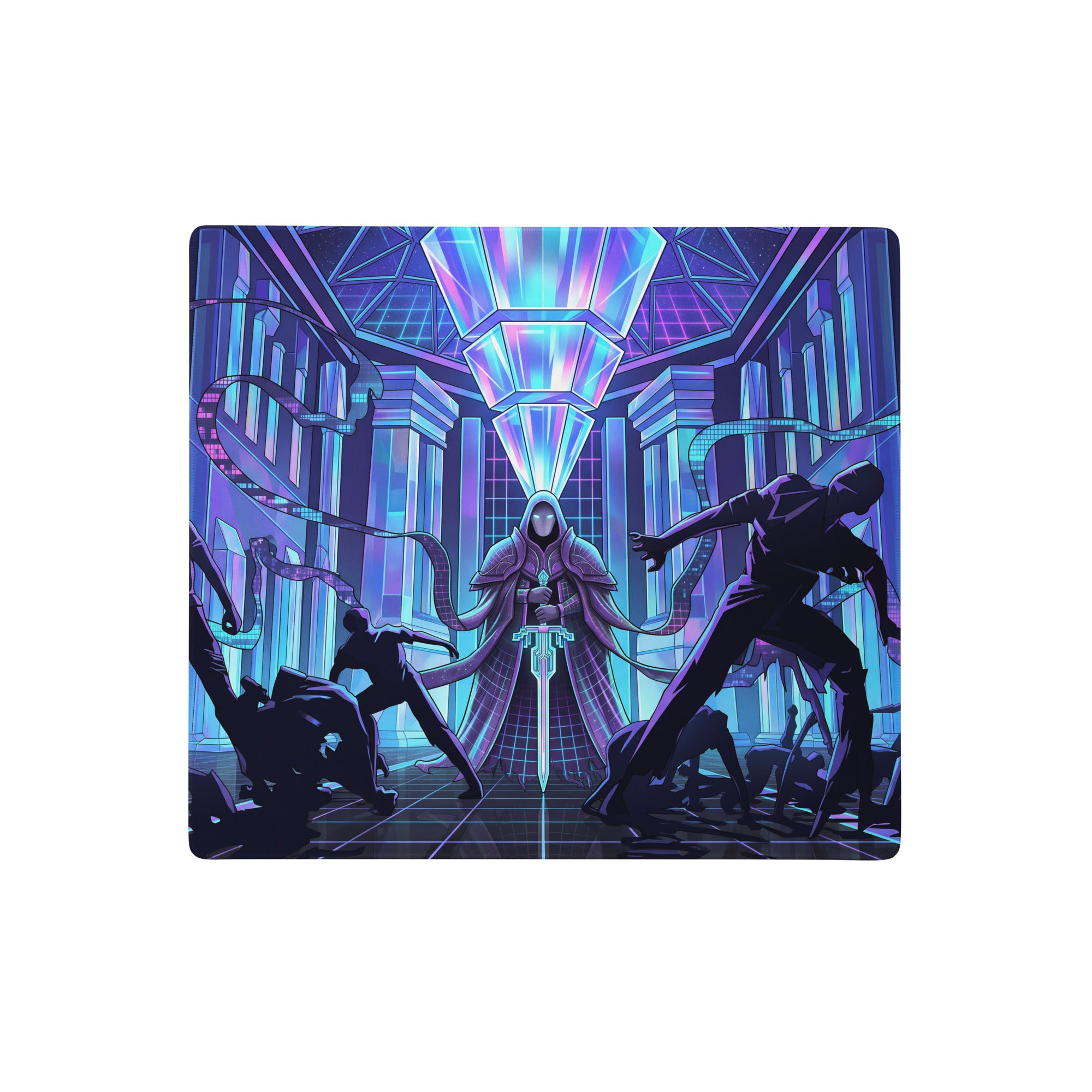 Navy blue and purple neon lit vaporwave neon city gaming mousepad with hooded figure holding glowing sword and combatants