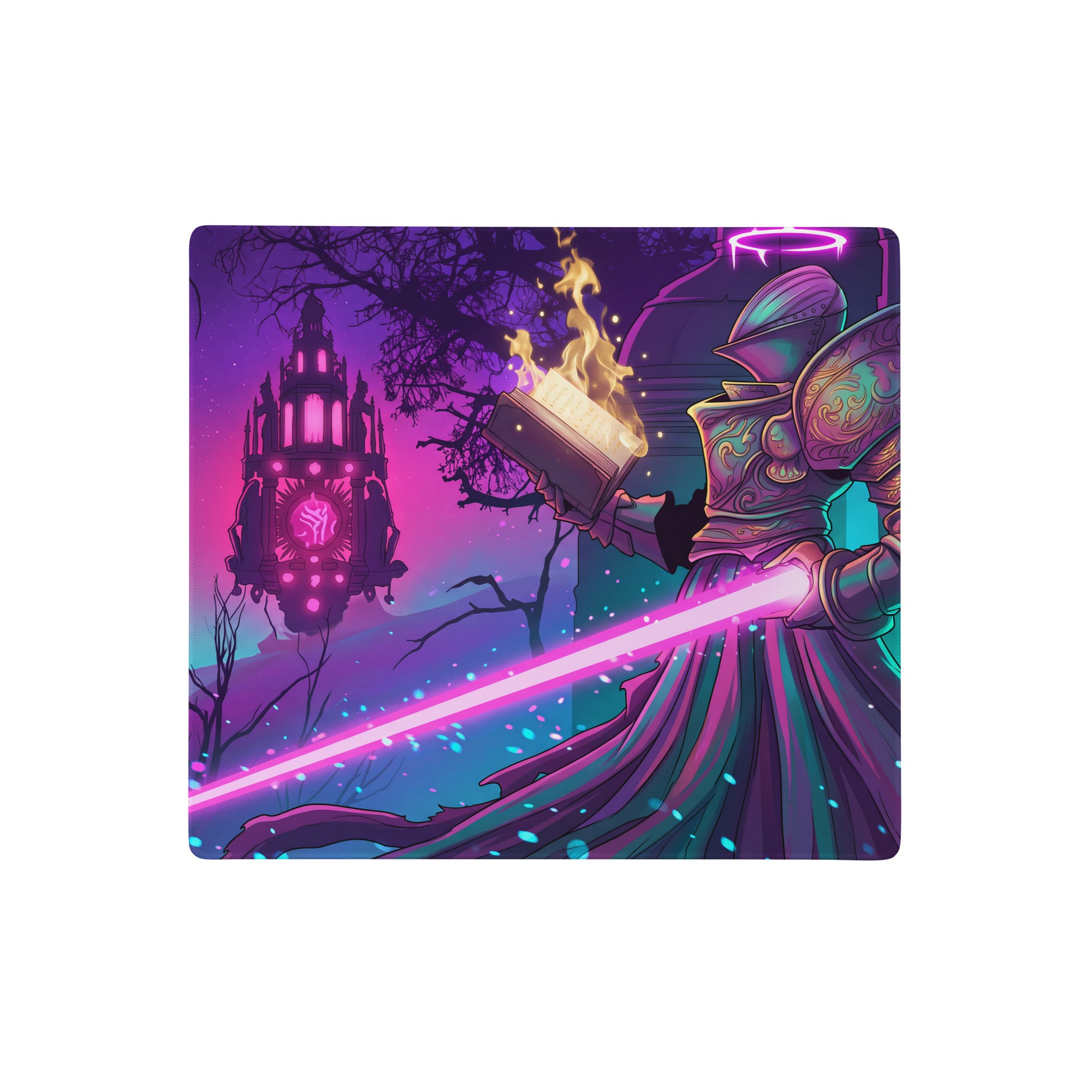 Neon vaporwave gaming mouse pad with vibrant purple pink and teal colors featuring a knight and glowing sword design