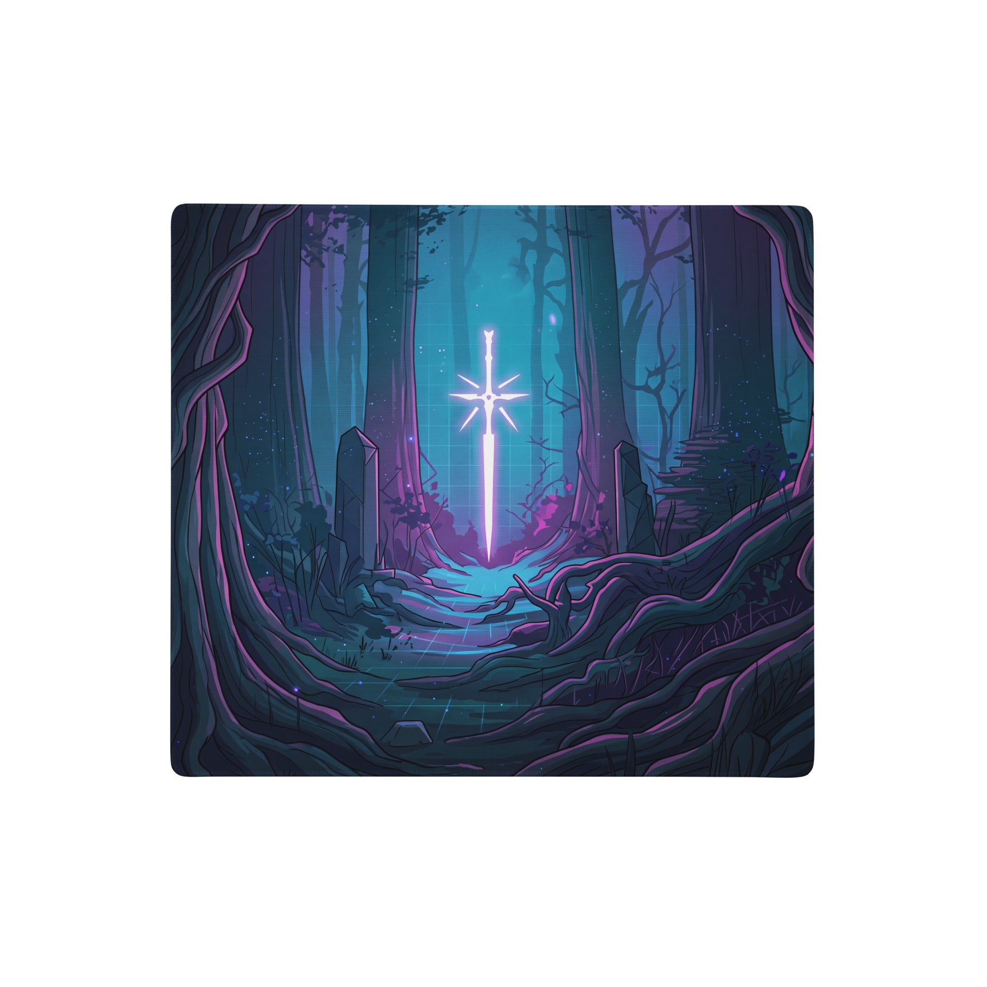 Neon forest vaporwave gaming mouse pad with neon blue and purple glowing sword design on smooth rectangular surface