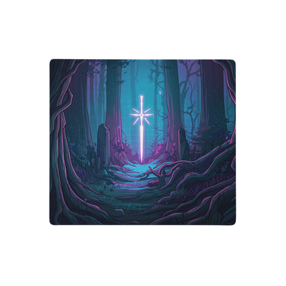 Neon forest vaporwave gaming mouse pad with neon blue and purple glowing sword design on smooth rectangular surface