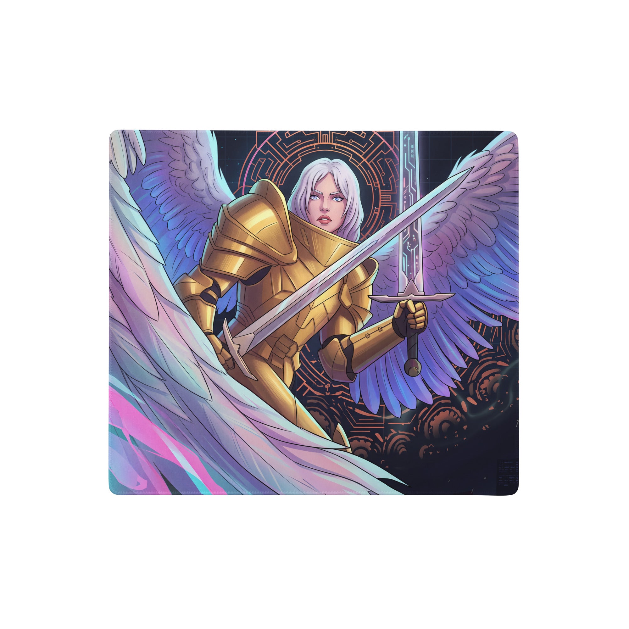 Aether wings vaporwave mouse pad featuring a gold-plated angel warrior with purple-blue wings and detailed armor against a cosmic backdrop
