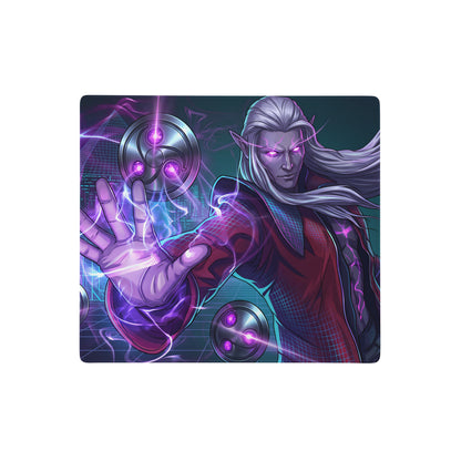 Rectangular gaming mousepad featuring a silver-haired fantasy mage with glowing purple eyes and electric effects in red black