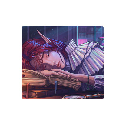 Vaporwave dream mouse pad featuring an anime style sleeping elf with red hair glowing city lights neon purple pink blue