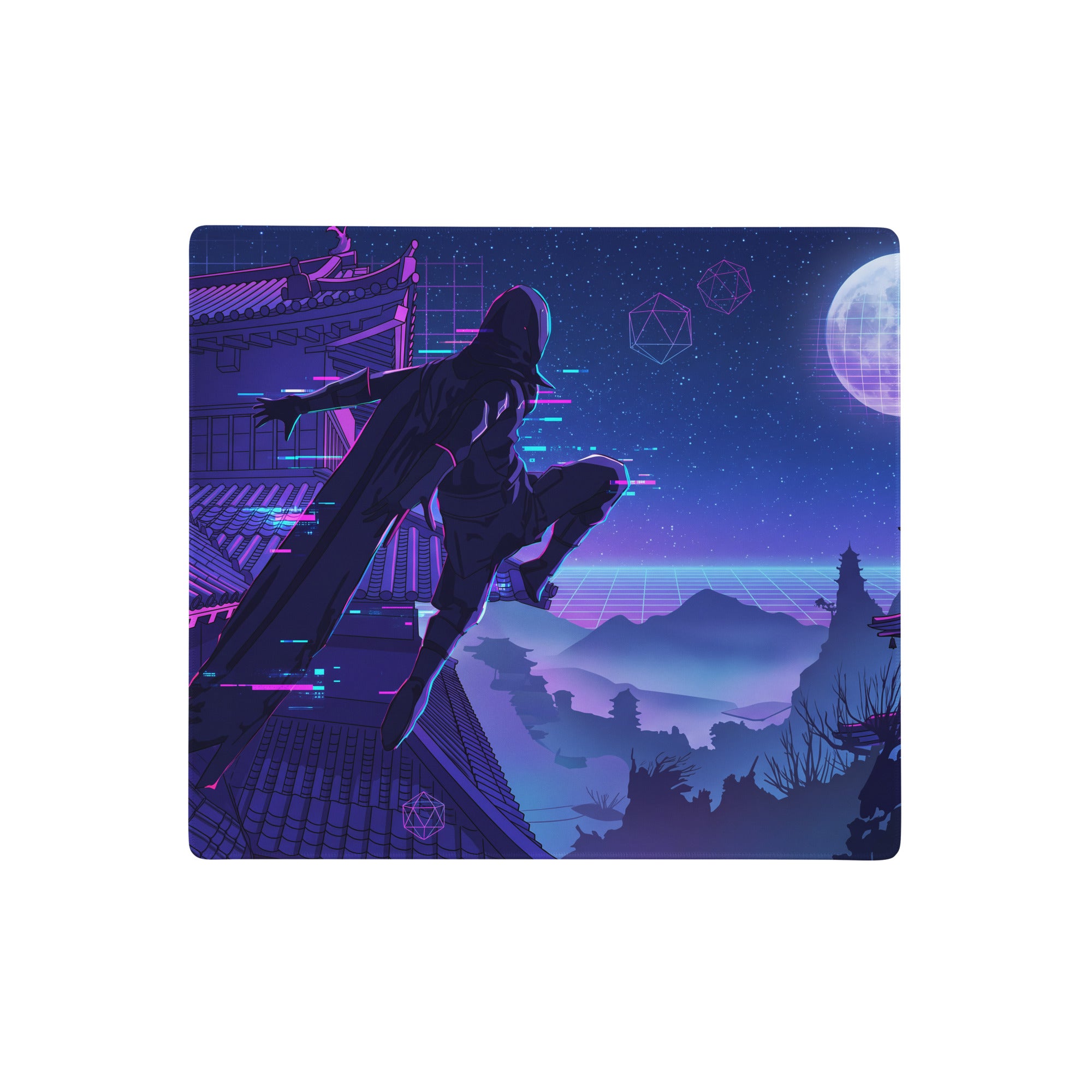 Neon vaporwave gaming mouse pad with nebula theme featuring a ninja silhouette over rooftops under a purple blue moonlit sky