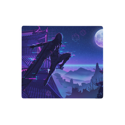 Neon vaporwave gaming mouse pad with nebula theme featuring a ninja silhouette over rooftops under a purple blue moonlit sky