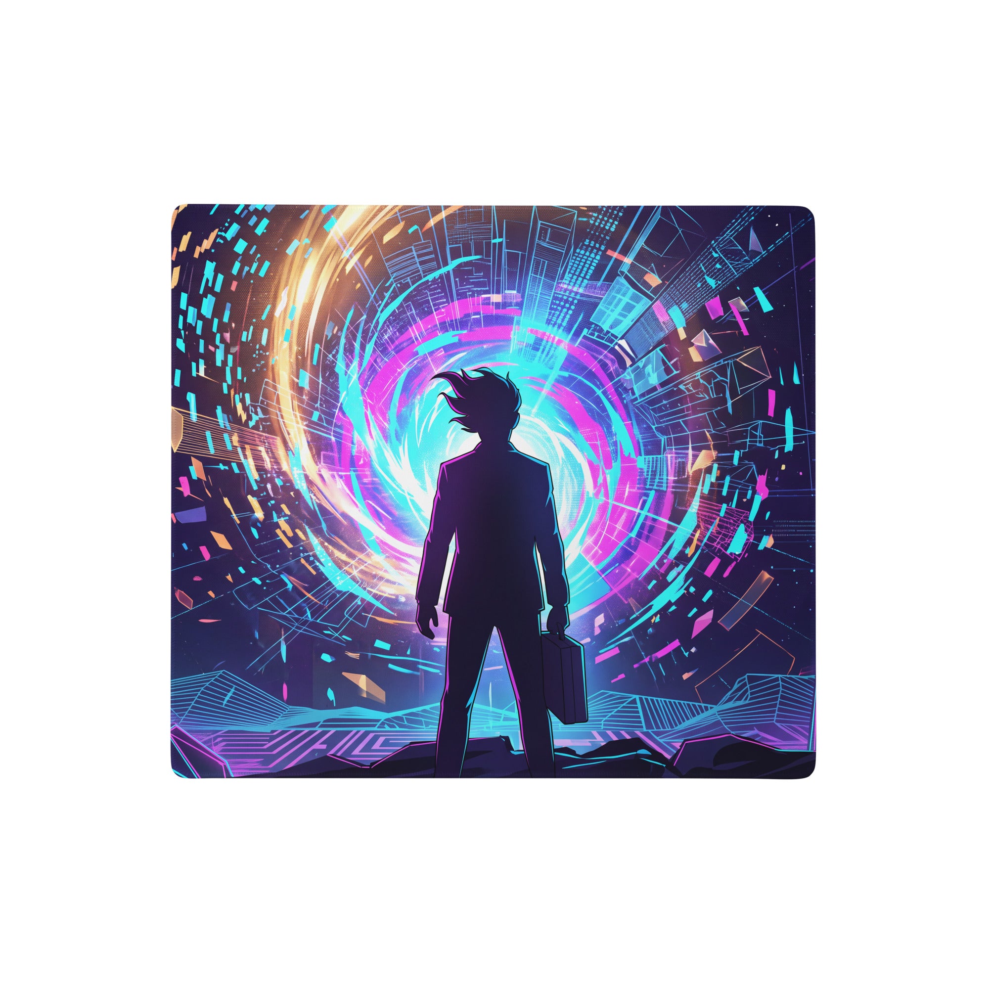 Neon vaporwave gaming mouse pad featuring a silhouette businessman with neon purple blue nebula vortex design