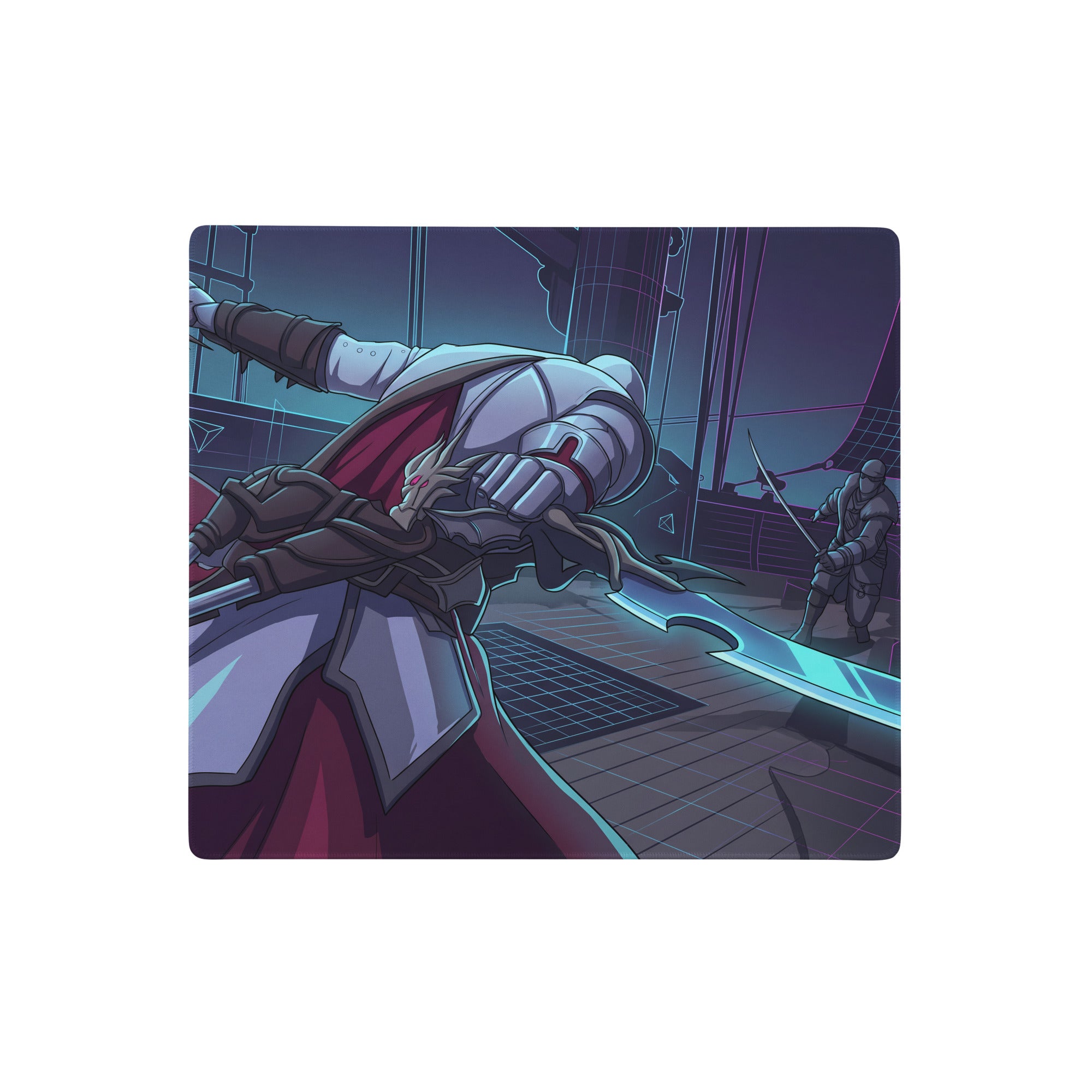 Rectangular vaporwave neon knight gaming mouse pad with purple blue cyberpunk digital art on ship deck background