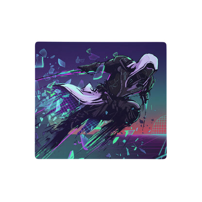 Nerf-style vaporwave neon warrior mouse pad with stylized black and white armored character and vibrant purple blue shards