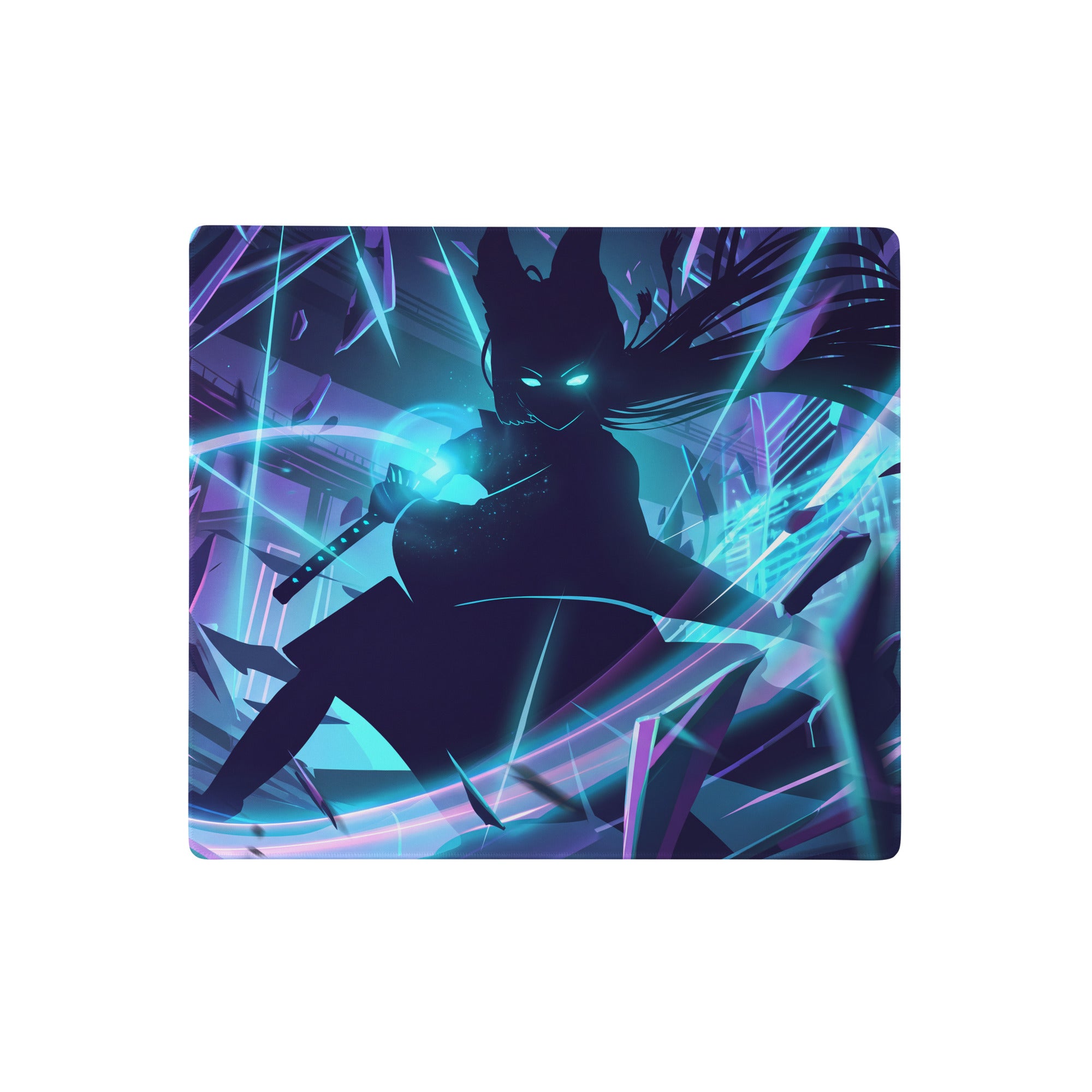 Neon vaporwave night pad pro gaming mouse pad with vibrant purple and teal neon-lit anime warrior design