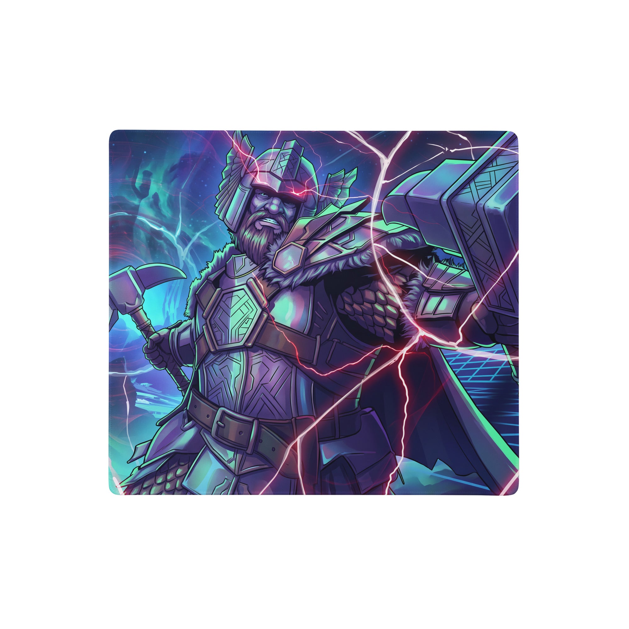 Vibrant rectangular neon vaporwave gaming mouse pad with thor in dark metallic armor and pink lightning effects