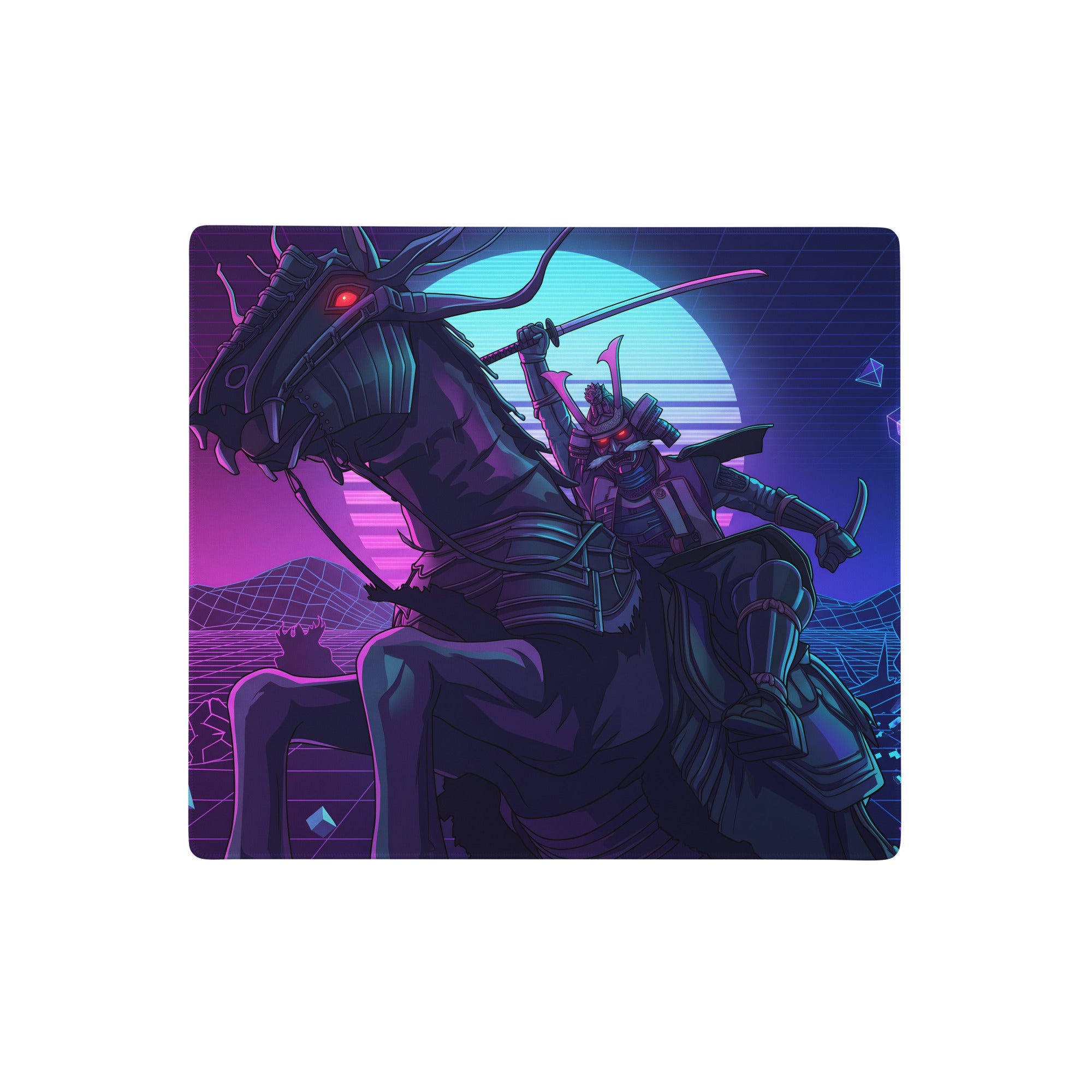 Neon vaporwave dragon desk mat featuring nineties-inspired samurai on horseback with vibrant purple and blue sunset colors