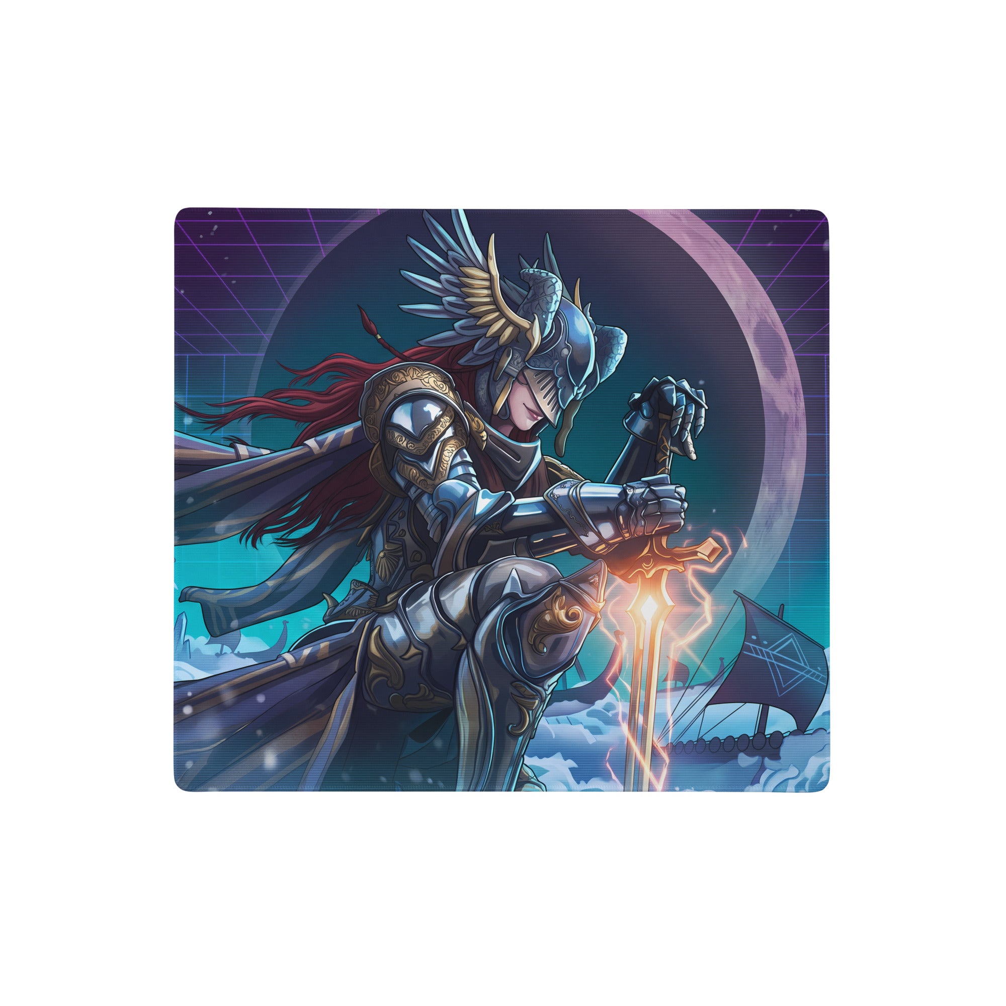 Blue and purple vaporwave neon warrior mouse pad featuring a fantasy warrior with glowing sword on cosmic background