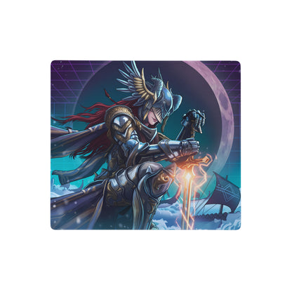 Blue and purple vaporwave neon warrior mouse pad featuring a fantasy warrior with glowing sword on cosmic background