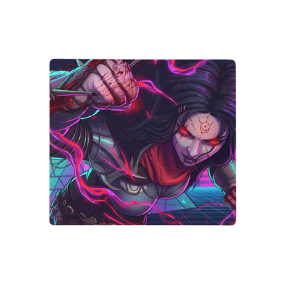 Large neon vaporwave anime mouse pad featuring neon pink and purple energy swirls around a cyberpunk warrior