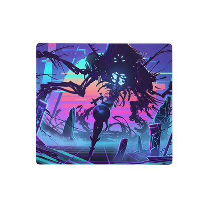 Rectangular neon vaporwave gaming mouse pad with glowing skeletal figure and vibrant purple pink cyan gradient sky background