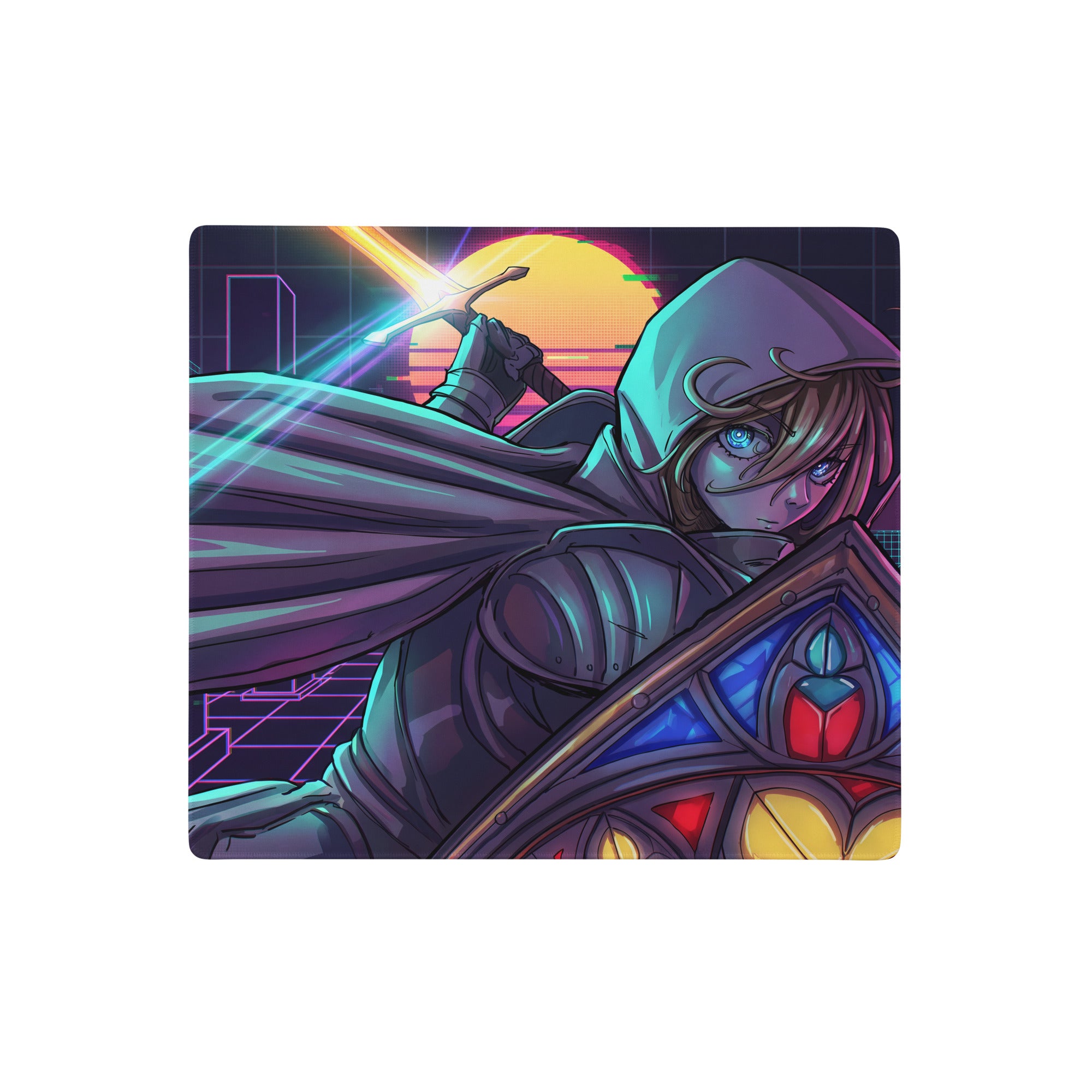 Vaporwave neon gaming mouse pad with hooded warrior in dark armor holding glowing sword against neon sunset backdrop