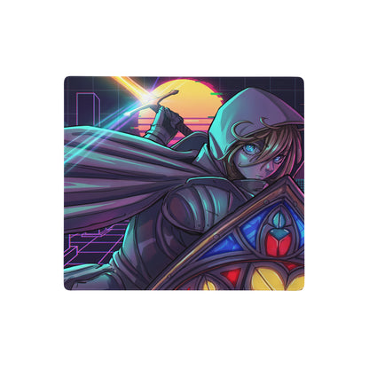 Vaporwave neon gaming mouse pad with hooded warrior in dark armor holding glowing sword against neon sunset backdrop