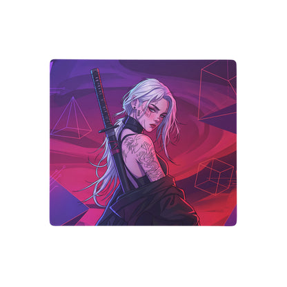 Rectangular vaporwave neon warrior mouse pad with vibrant anime silver-haired woman holding katana on purple pink gradient