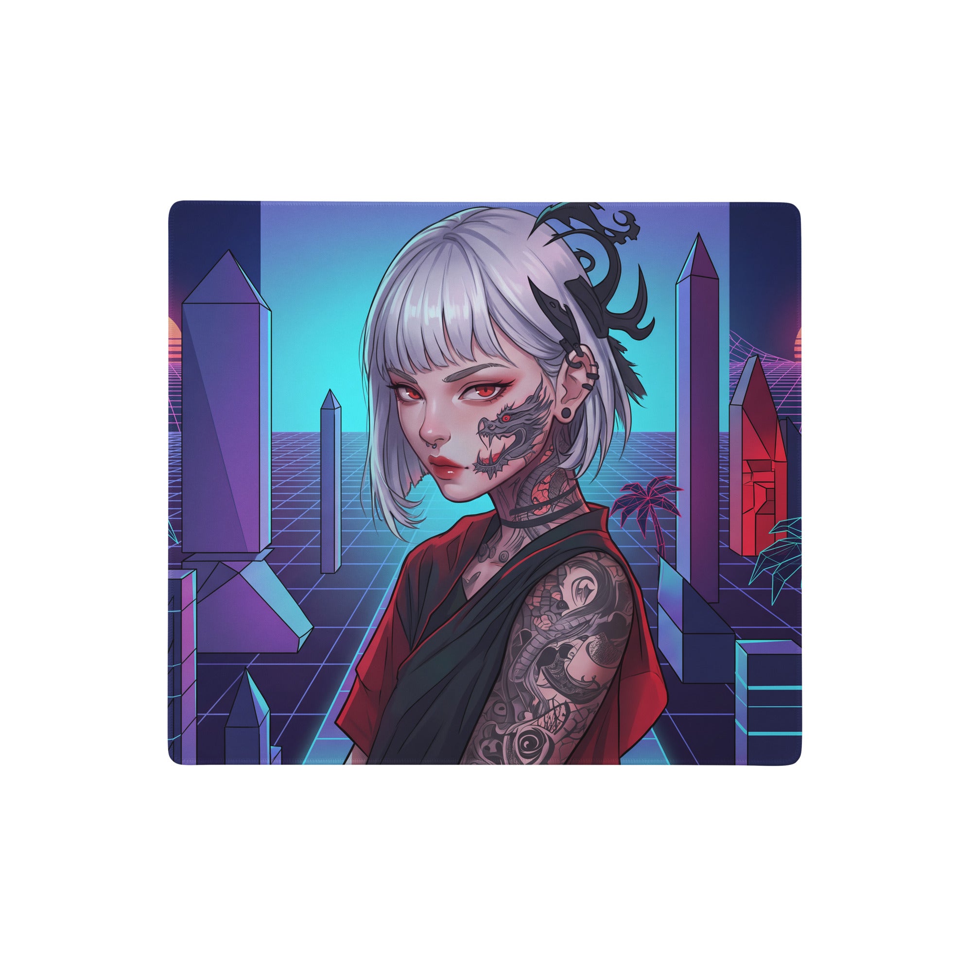 Neon vaporwave cityscape rectangular gaming mousepad with silver-haired woman tattoos red eyes neon-lit purple pink cyan design
