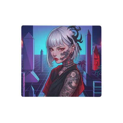 Neon vaporwave cityscape rectangular gaming mousepad with silver-haired woman tattoos red eyes neon-lit purple pink cyan design