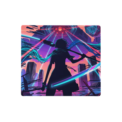 Vaporwave neon city gaming pad mousepad with neon pink blue purple cyberpunk warrior silhouette and futuristic cityscape