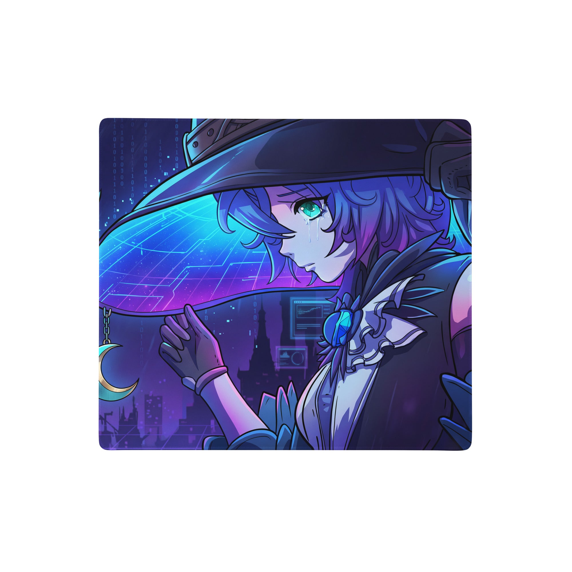 Vibrant purple and blue anime mouse pad featuring a witch with glowing green eyes holding an umbrella over a futuristic cityscape