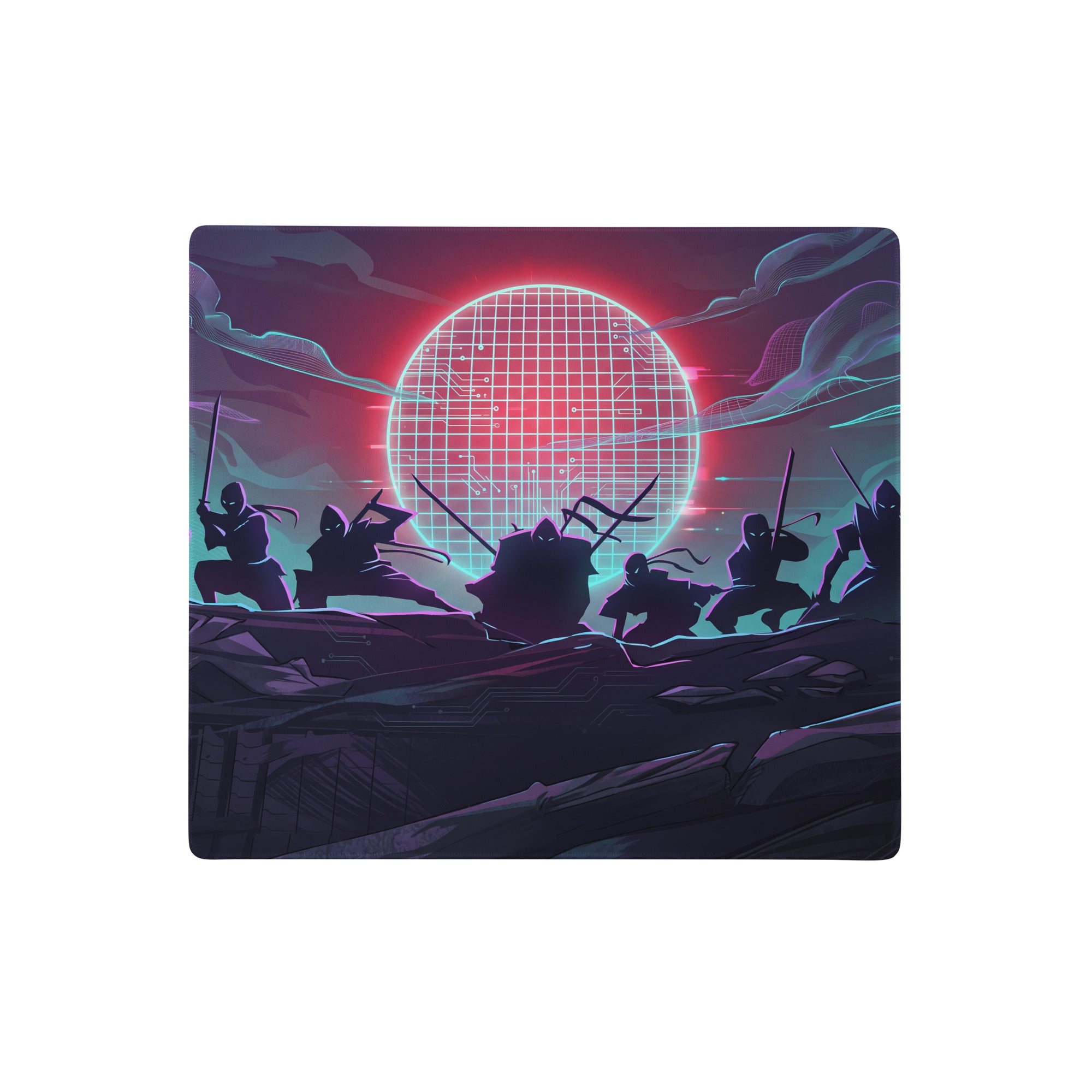 Vaporwave neon sunset mouse pad with ninja theme featuring a glowing red teal grid-patterned sun for gaming use